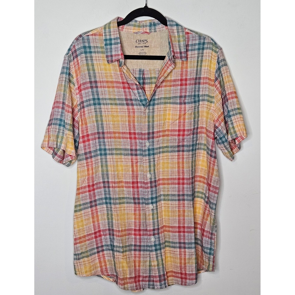 Chaps Seacoast Wash Linen Blend Plaid Button Shortsleeve Shirt‎ Mens L Pride